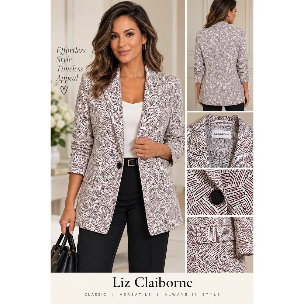 Liz Claiborne Womens Pink Black Geometric Abstract Rayon Blazer Jacket Size 10